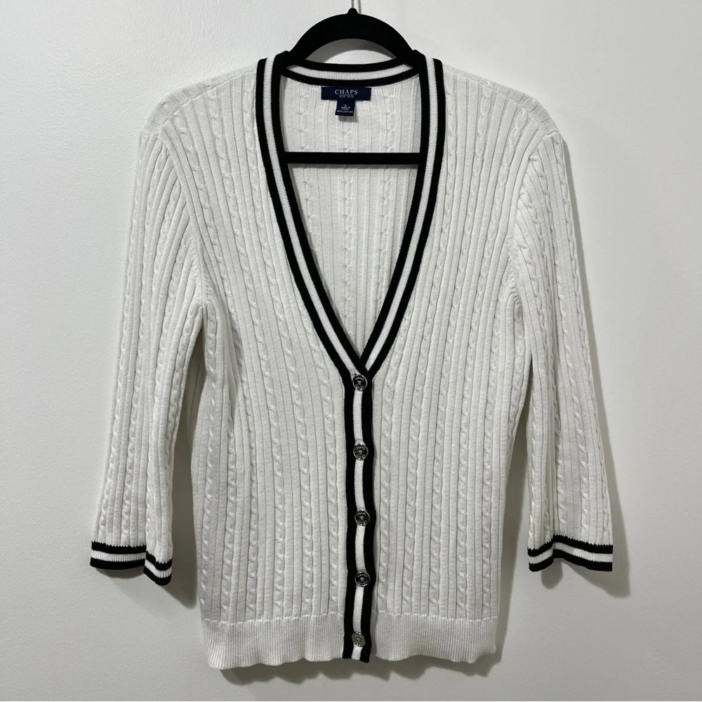 Light Academia Old Money Quiet Luxury Preppy Chaps Cable-Knit Cardigan [size L] - Picture 2 of 11